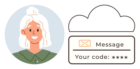 Smiling woman next to a cloud containing a secure message and verification code. Ideal for online security, identity verification, data protection, communication, login process, authentication