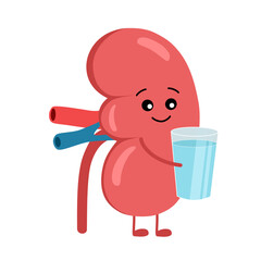 Cute kidney hugging glass of water cartoon character in flat design on white background.