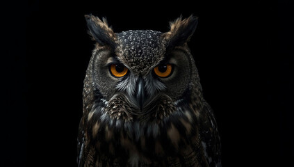 Fototapeta premium A close-up portrait of a majestic horned owl with intense orange eyes staring directly from a black background.