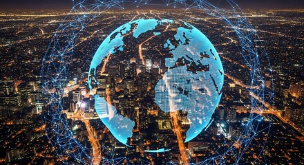 Global interconnectedness: a nighttime city illuminated, overlaid with a translucent Earth globe and glowing network lines.