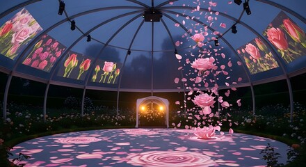 Magical garden event with a dome illuminated by rose projections at night