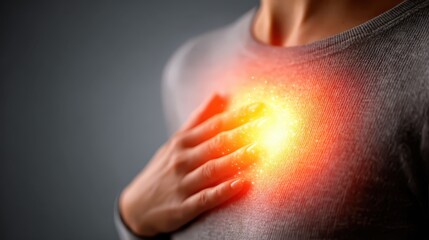 Hand placed on glowing chest symbolizing energy and healing in the heart