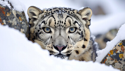 Fototapeta premium Snow Leopard in Winter Snow — Wildlife Photography for International Day of the Snow Leopard