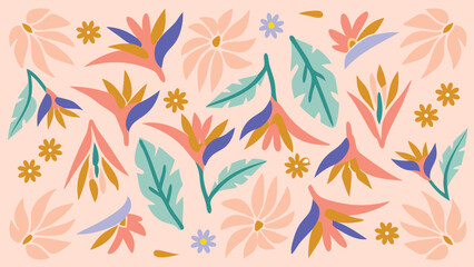 Colorful floral pattern with bird of paradise flowers and stylized leaves on a light pink background