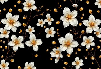 Elegant black background with repeatable texture of abstract white flowers and gold accents,  wallpaper,  motif