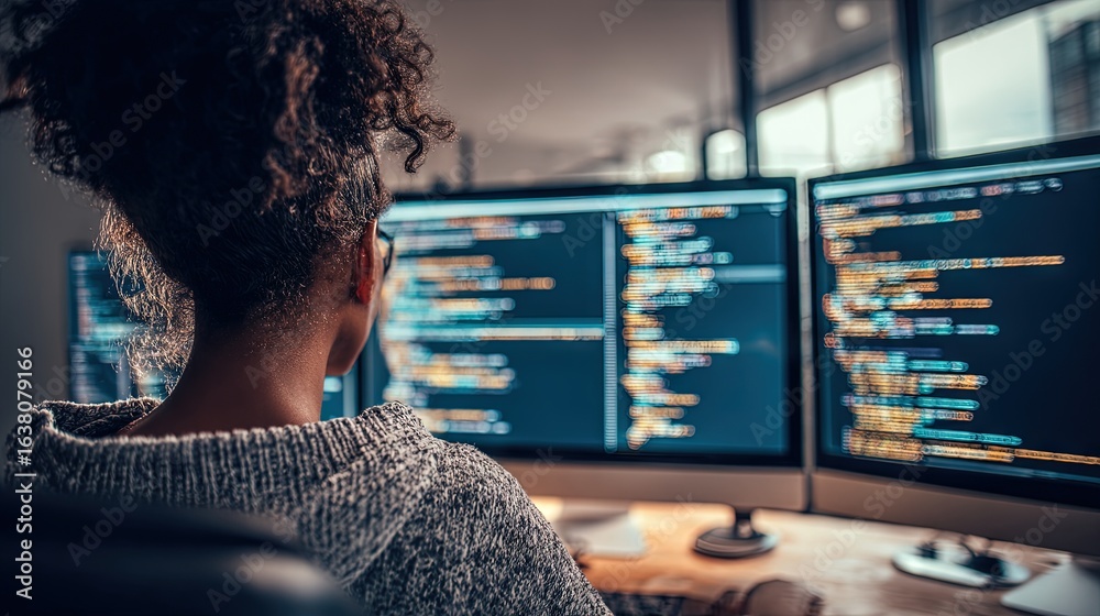 Wall mural focused female software developer coding at triple-monitor setup in modern workspace, symbolizing pr