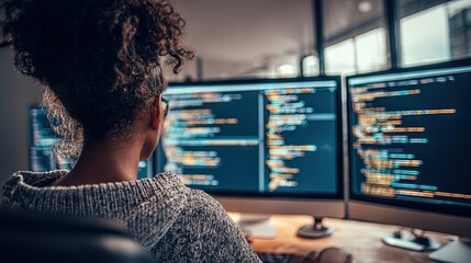 Focused female software developer coding at triple-monitor setup in modern workspace, symbolizing programming, technology, and digital innovation