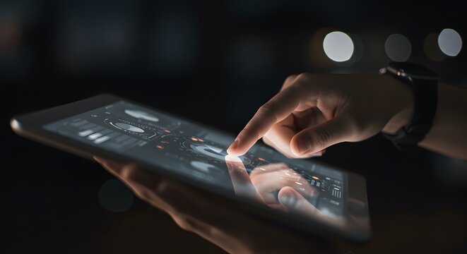 Close-up of person's hand using a tablet with futuristic interface and data visualization at night - Powered by Adobe
