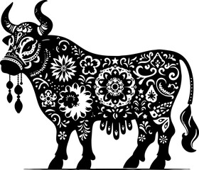 Cattle Solid Black Vector Silhouette in Traditional Mexican Folk Art Style

