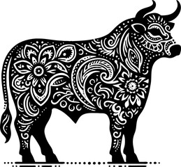 Cattle Solid Black Vector Silhouette in Traditional Mexican Folk Art Style

