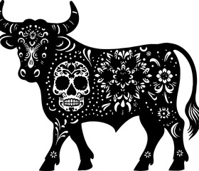 Cattle Solid Black Vector Silhouette in Traditional Mexican Folk Art Style

