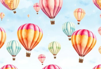 Whimsical watercolor hot air balloons float in a dreamy seamless pattern, pastel colors, soft edges,  pastel,  design