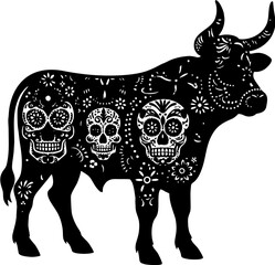 Cattle Solid Black Vector Silhouette in Traditional Mexican Folk Art Style

