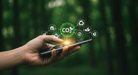 CO2 Reduction Technology: Hand Holding Smartphone with Environmental Icons