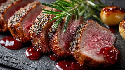 Top View Thick-Cut Steak with Pink Interior, Red Wine Reduction, Rosemary, and Roasted Garlic on Slate
