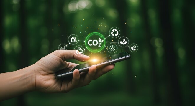 CO2 Reduction Technology: Hand Holding Smartphone with Environmental Icons