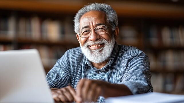 Smiling elderly man with laptop in library, symbolizing lifelong learning, wisdom, and engagement in modern digital communication and research