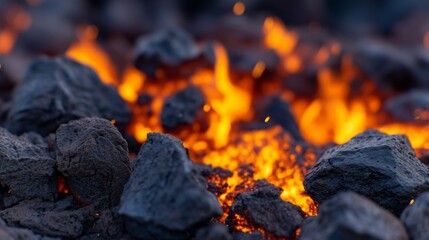 Close-up view of burning rocks in a fire.