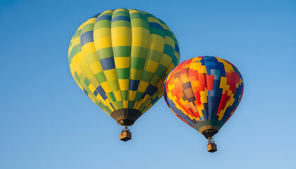 Fototapeta premium Two colorful hot air balloons floating in a clear blue sky 1