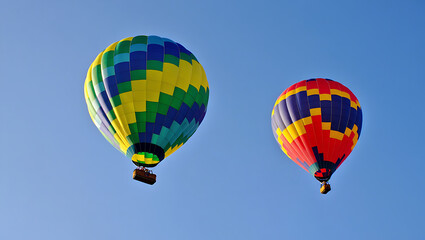 Fototapeta premium Two colorful hot air balloons against a clear blue sky