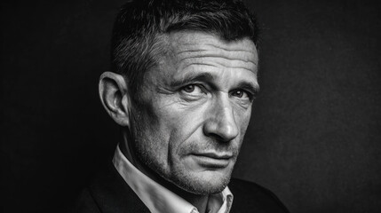 Obraz premium Portrait of a middle-aged man with strong cheekbones, confident pose in a dark suit, artistic black-and-white look