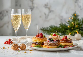 A beautiful arrangement of sparkling champagne flutes next to luxurious Christmas pastries.