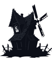 Haunted windmill silhouette with broken blades and a glowing window