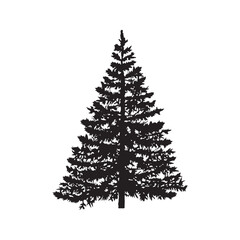Black silhouette of a pine, spruce, or fir tree. Detailed conifer graphic isolated on white background, symbol of forest, nature, and wilderness.
