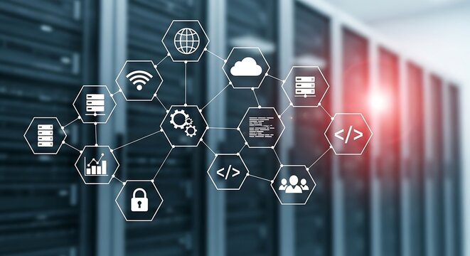 Modern server room with interconnected digital icons representing data processing and cloud computing.