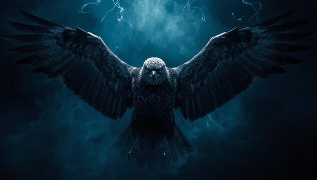 A formidable dark raven with wings spread wide stares intensely from a stormy blue sky filled with crackling lightning. - Powered by Adobe