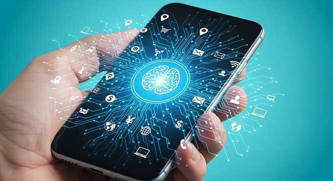 A hand holding a smartphone with a glowing brain and digital icons.
