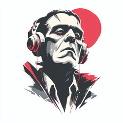 Gothic monster DJ with headphones, vector portrait on white