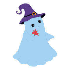 Cute ghost in witch hat holding autumn leaf. Cozy Halloween vector. Perfect for seasonal prints, stickers, children’s designs, party decorations, and cozy harvest-themed artwork