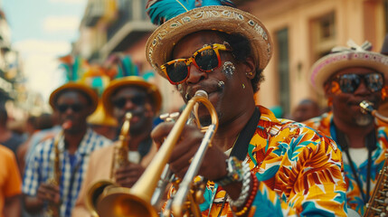 Bastille Day-style multicultural festival in New Orleans with jazz musicians, Creole cuisine, colorful costumes and beads, blend of French and African-American heritage, street-level realism.