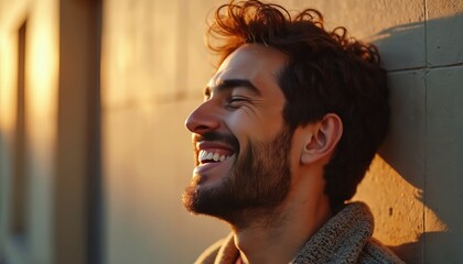 Man basks in golden sunlight, eyes closed in pure joy. Leans against textured wall, feeling warmth, contentment. Natural light illuminates cheerful, peaceful expression, promoting happiness,