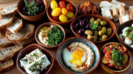 A vibrant spread of mediterranean appetizers with bread and various dips and salads