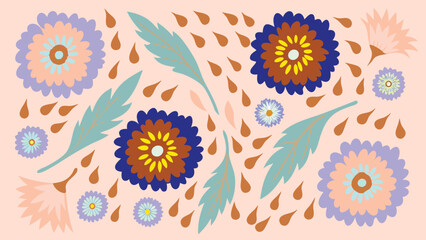 Floral arrangement with blue and purple flowers leaves and teardrop shapes on a peach background