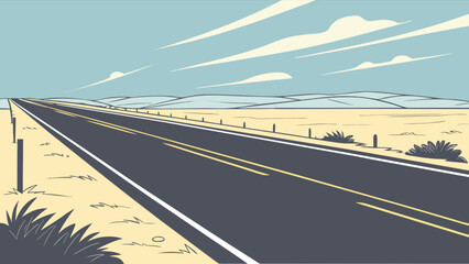 Fototapeta premium A long straight road stretches into the distance under a blue sky with sparse clouds and desert landscape