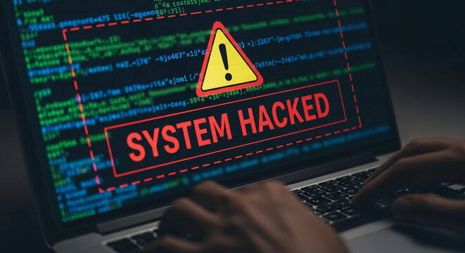 Laptop screen displays "System Hacked" warning with code in background, symbolizing cyber security threat and data breach
