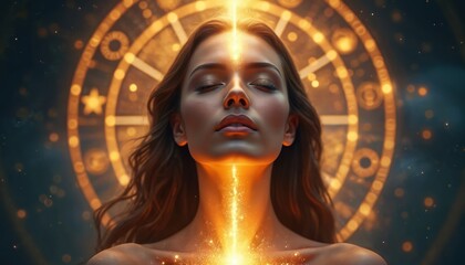 Woman in deep meditation with eyes closed. Radiant spiritual energy flows from solar plexus up through crown chakra, enlightenment, cosmic connection. Golden zodiac wheel frames face, representing