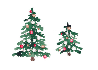 Christmas clip art with bunny, foxes and trees. Merry Christmas kids illustrations. Hand drawn with watercolor. Christmas card design elements. Forest animals set