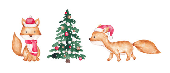 Christmas clip art with foxes and fir tree. Merry Christmas kids illustrations. Hand drawn with watercolor. Christmas card design elements. Forest animals set