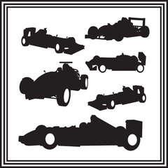 Formula 1 Race Car Icons Set, Black Silhouette Collection of Racing Cars - Vector Illustrations