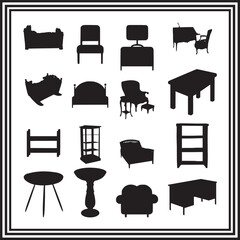 Furniture Icons Set, Black Silhouette Collection of Chairs, Tables, Beds, and More - Vector Illustrations