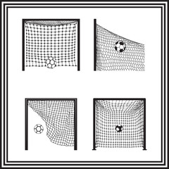 Soccer Goal Net Illustration, Black and White Vector of Ball Hitting the Net - Various Angles