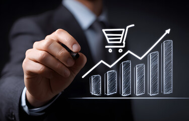 Businessman drawing digital e-commerce growth graph with shopping cart icon