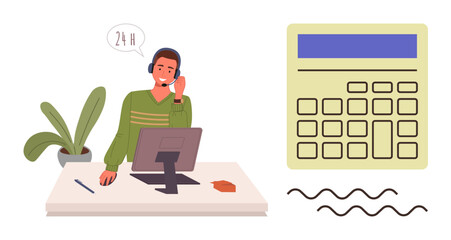 Man in green sweater talking on headset at desk with plant, monitor, and calculator. Ideal for support, finance, accounting, consultancy, business services, remote work simple flat metaphor