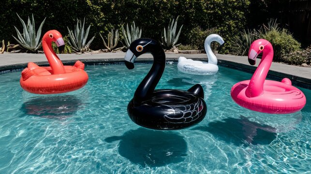Bright floaties in various colors float on the surface of a refreshing pool. Lush greenery surrounds the area, creating a lively setting for summer enjoyment and relaxation. - Powered by Adobe
