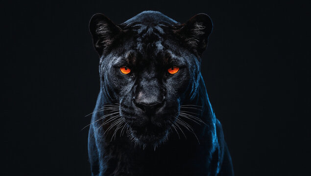 A powerful black panther stares intensely forward with glowing orange eyes against a dark background.
