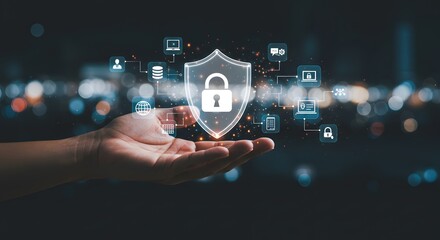 Digital Security and Data Protection Concept - Hand Holding Icons